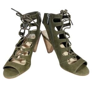 Vince Camuto Eleyna Lace-Up Heeled Sandals Shoes 8M Green Leather Heels Open Toe